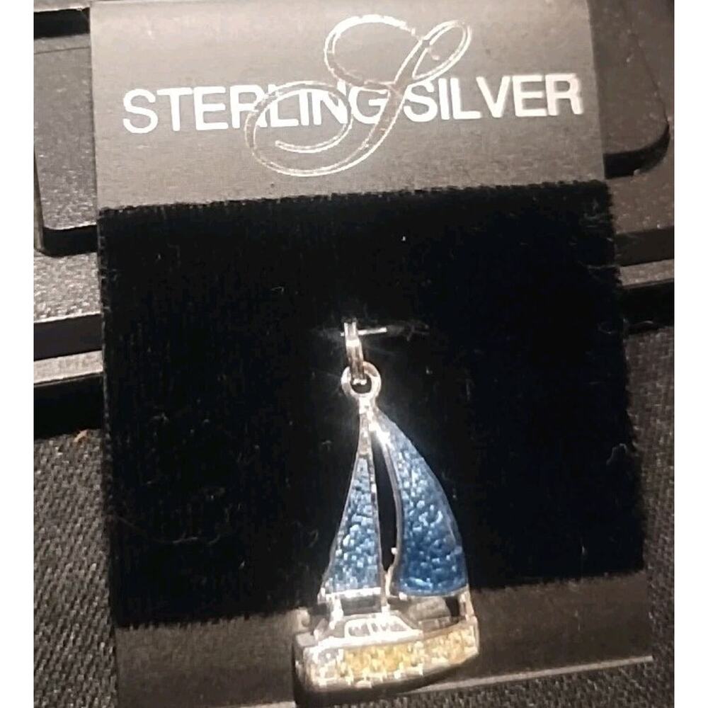 boat yacht ship sailboat seafarer charm pendant sterling Silver Blue 3/4" NEW
